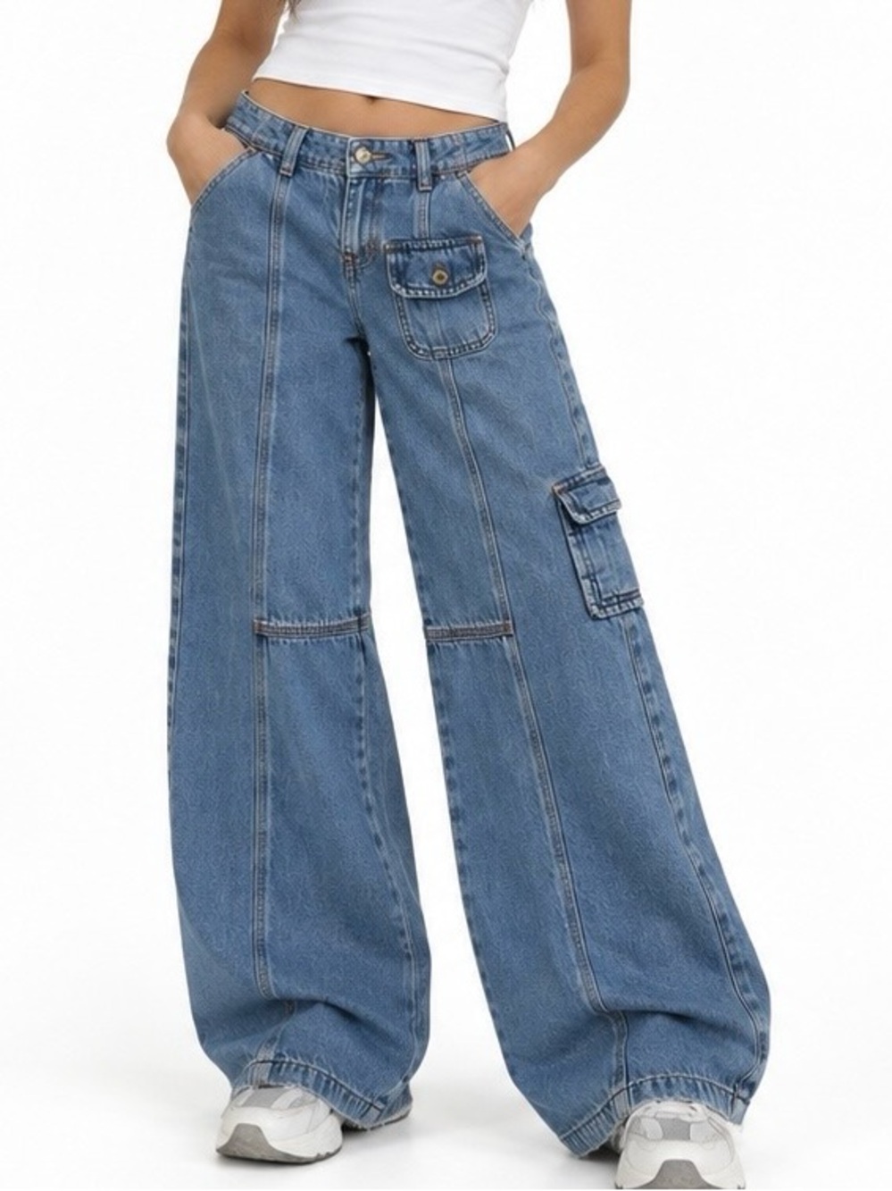 COLLUSION Y2K Cargo Wide Leg Jeans Blue Denim US 2 Utility Skater